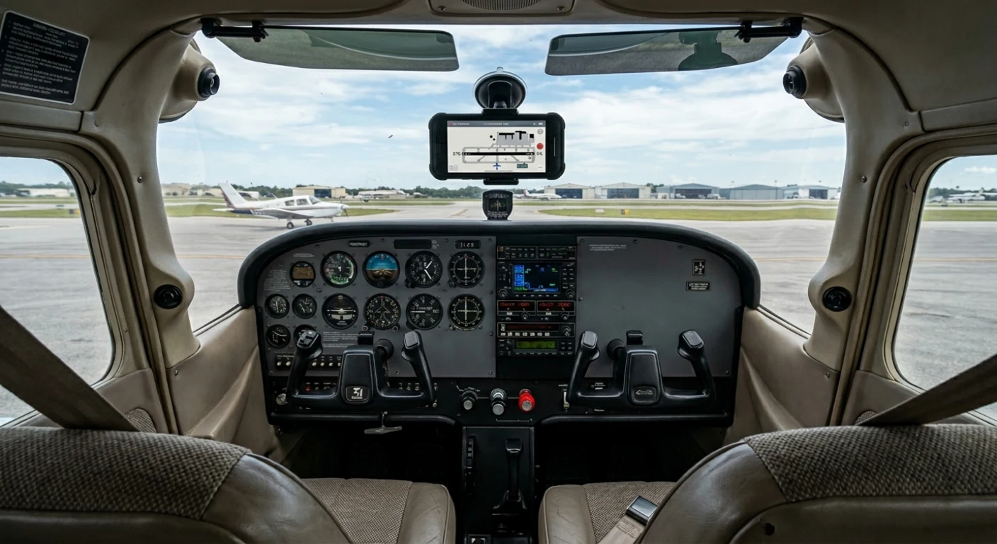 Mockup of a general-aviation cockpit with a windshield-mounted device showing the Atlas traffic display.