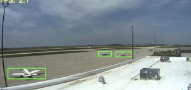 Prototype output: aircraft detected and boxed in real time by Atlas's early model.
